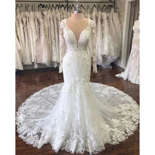 

vestido de noiva mermaid wedding dresses 2021 long sleeves lace sheer scoop neck backless bridal gowns vintage robe de mariee, White
