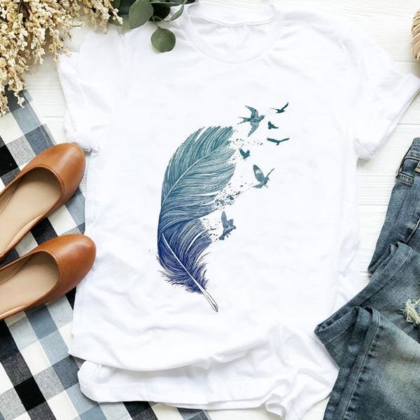 

women lady ladies feather bird cartoon summer fall print fashion t tee womens tshirt female shirt clothes graphic t-shirt, White