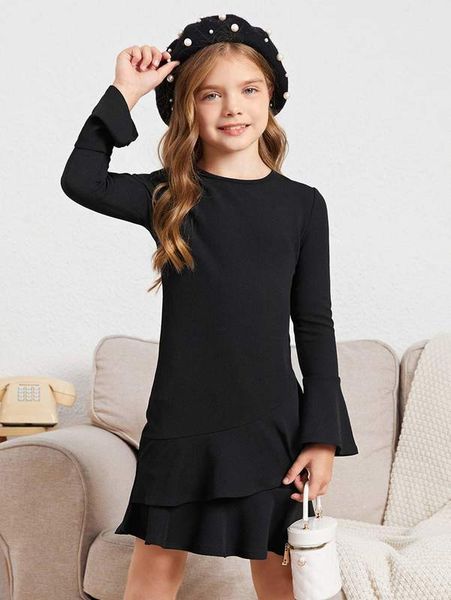 

girls trumpet sleeve layer hem dress she, Red;yellow
