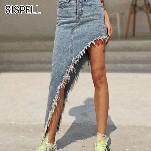 

sispell patchwork tassel for female denim skirt high waist hollow out irregular hem women's skirt streetwear fasion new 2020, Black
