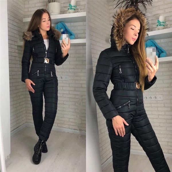 

umeko 2020 женщин зимы капюшоном комбинезоны parka хлопок проложенный теплый пояса лыжный костюм straight zipper one piece casual костюмы, Black;white