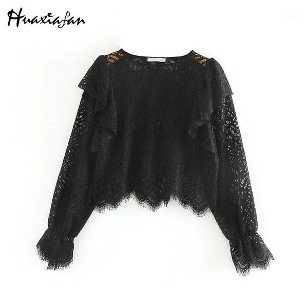 

huaxiafan lace blouse women shirts transparent ruffles blouse female chic black lace embroidery flare sleeve1, White