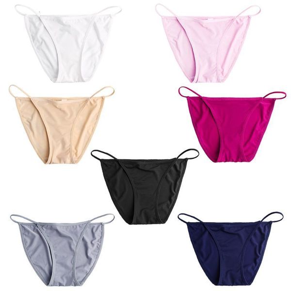

womens seamless ice silk t-back underwear briefs solid color thin bandage lingerie g-string low rise bikini thong panties, Black;pink