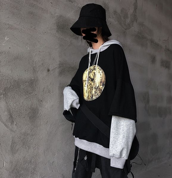 

2019 осень нового капюшона поддельных из двух частей корейски женщины свободного ленивых темного ветра пальто модно ветровка свитер свитер i, Black