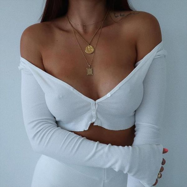 

женщины с длинным рукавом топы crop sexy глубокий v шеи basic solid black white lady casual tshirt sexy плеча футболках летняя