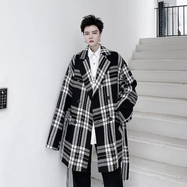 

xlwinter couple net red suit lapel double-breasted retro plaid drop shoulder trench coat male thick woolen coat student .1, Tan;black