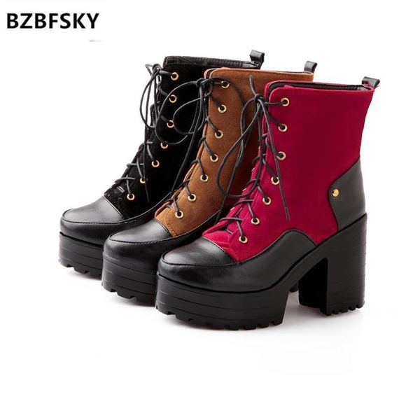 

bzbfsky new thick high heels women boots lace up ankle platform boot round toe winter warm footwear fashion casual female shoes, Black