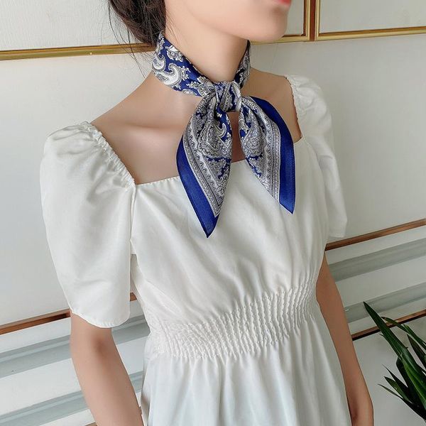 

korean-style elegant versatile silk scarf women's 100% mulberry silk neckerchief printed airline stewardess scarf hair band tied, Blue;gray