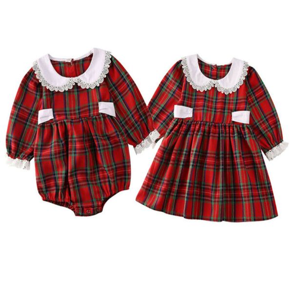 

girls plaid dress new styles girl kids cute doll collar plaid printed long sleeve dress cotton dress baby rompers jumpsuits, Red;yellow