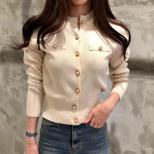 

fashion women cardigan sweater spring knitted long sleeve short coat casual single breasted korean slim chic ladies, White