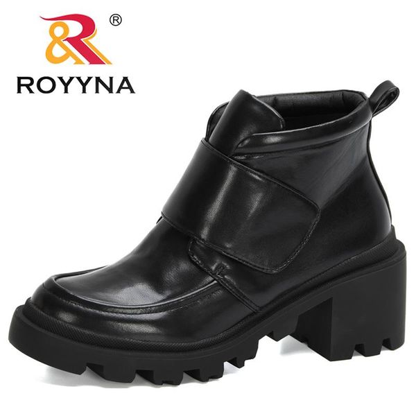 

royyna 2020 new designers thick high heeled hook & loop leather ankle boots women round toe platform short boots feminimo trendy, Black