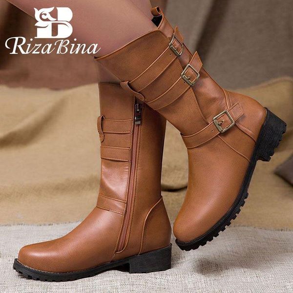 

rizabina mid calf boots for woman solid color round toe zipper square heels shoes fashion buckle women footwear size 34-43, Black