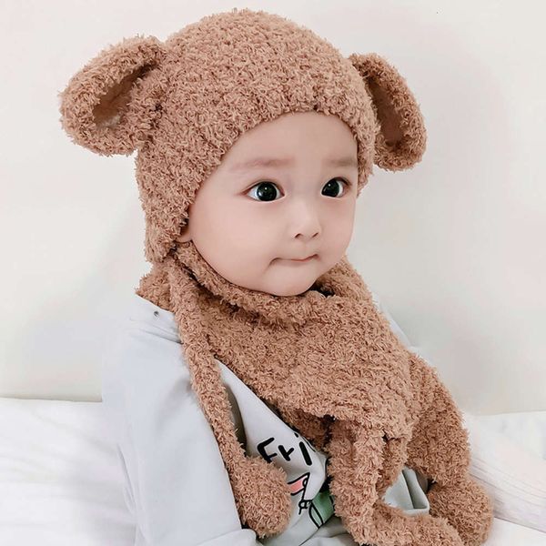 

wool winter children's korean 1-2 warm years old boy girl ear cap baby hat scarf, Red;brown