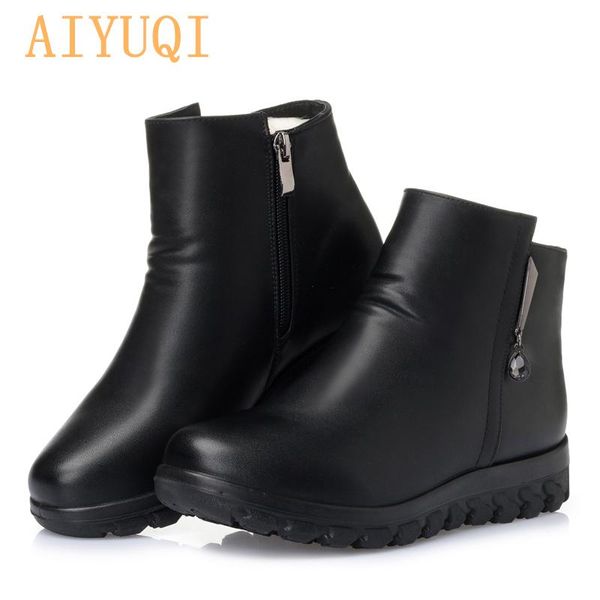 

boots aiyuqi women ankle 2021 genuine leather flat winter big size 41 42 43 thick warm wool, Black