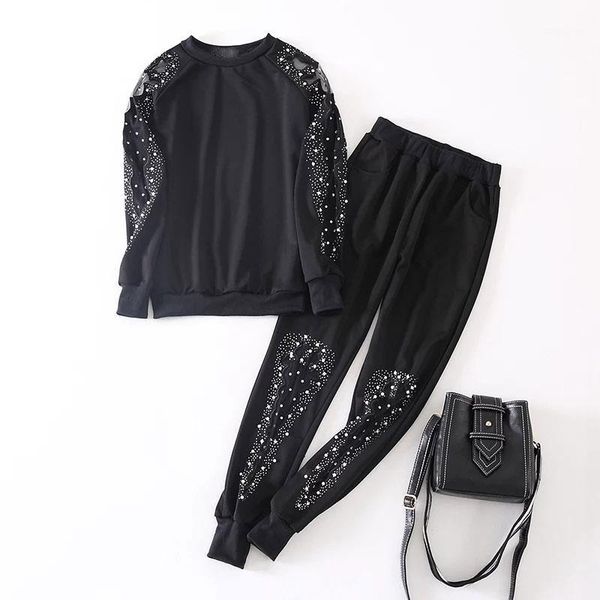 

2019 autumn new two piece set women mesh pearl rhinestone set threaded sleeve plus size stretch 2 pcs women tracksuit cx141, White