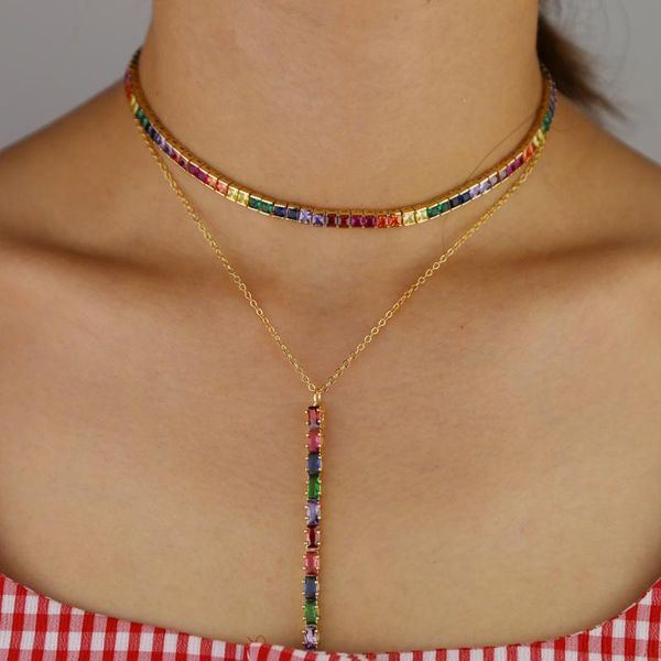 

drop shipping gold color rainbow colorful baguette cubic zirconia long drop cz y shape women layer choker statement necklace, Golden;silver
