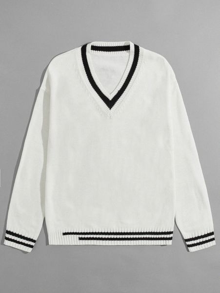 

romwe guys contrast binding sweater u5yt#, White;black