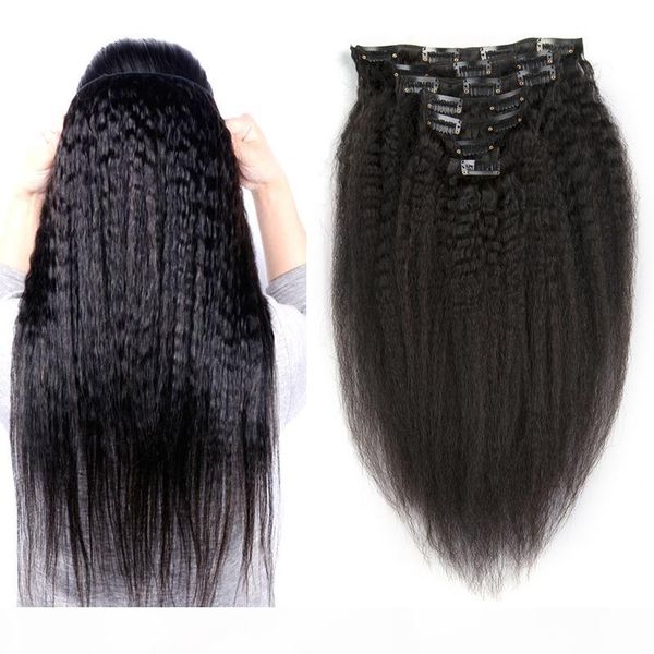 

120g kinky straight brazilian hair extensions clip ins natiral black remy 7pcs set coarse yaki clip in human hair extensions, Black;brown