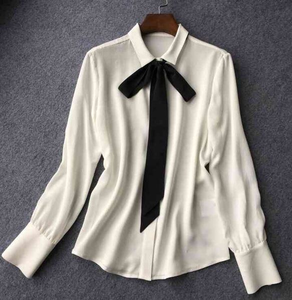 

women's blouses & shirts women soft silk white blouse black ribbon tie bow neck female fashion long sleeve shirt for spring autumn br6s