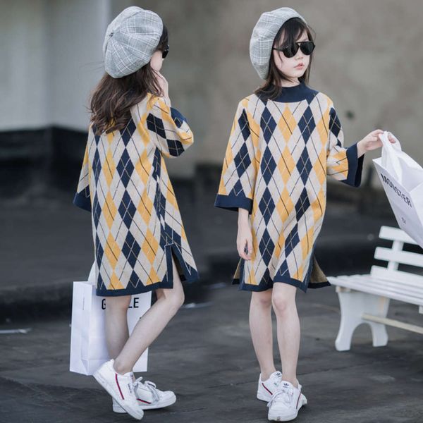 

and autumn parent child children's super foreign winter sweater plaid princs skirt girl's korean drs kp51, Red;yellow