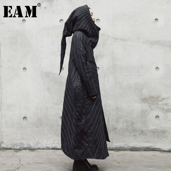 

eam] hooded black striped split joint long cotton-padded coat loose fit women parkas fashion new spring autumn 2020 jr501 1014