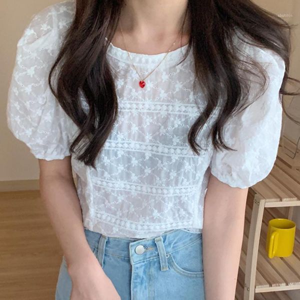 

women's blouses & shirts zosolstyle chic fried chicken gentle round neck front and back wearable lace-up jacquard hollow puff sleeve sh, White