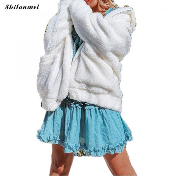 

plus size fleece faux shearling fur jacket coat women autumn winter soft plush warm thick teddy coat female casual streetwear1, Black;brown