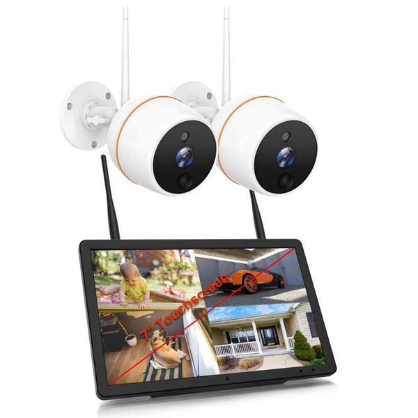 

wireless camera kits outdoor waterproof home security system with 2pcs 1080p wifi pir alarm cameras, 2 way audio, 7 inch lcd screen n