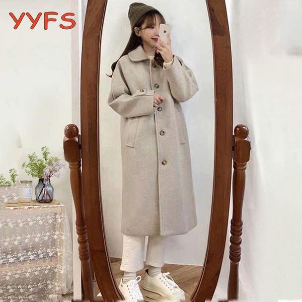 

women's wool & blends womens 2021 loose faux woolen jacket coat vintage long sleeve side pockets female outerwear chic turndown collar, Black