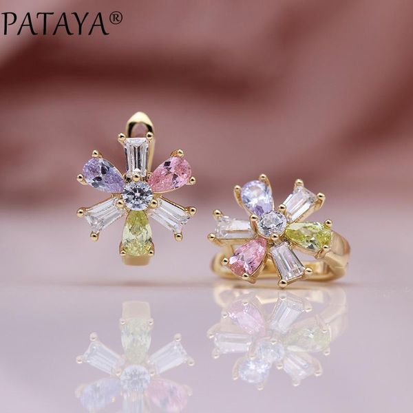 

pataya new dangle earring women fashion flower square jewelry 585 rose gold water drop colorful natural zircon wedding earrings, Silver