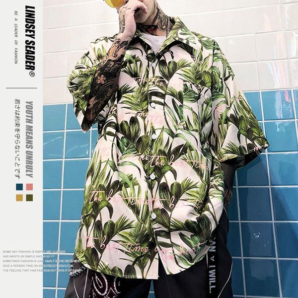 

lindsey seader tropical retro hawaii vacation shirts men leaves leaves printed turn-down collar street shirt casual men's shirts1, White;black