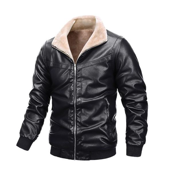

new 2020 plus velvet motorcycle leather jacket men solid color casual lapel warm men's jacket winter zipper pu mens, Black
