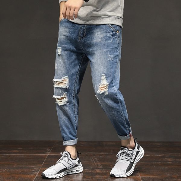 

wb1fp new summer men's denim cropped with shi nan cropped for holes kujeans large size new summer men's denim youth pants with hol, Blue