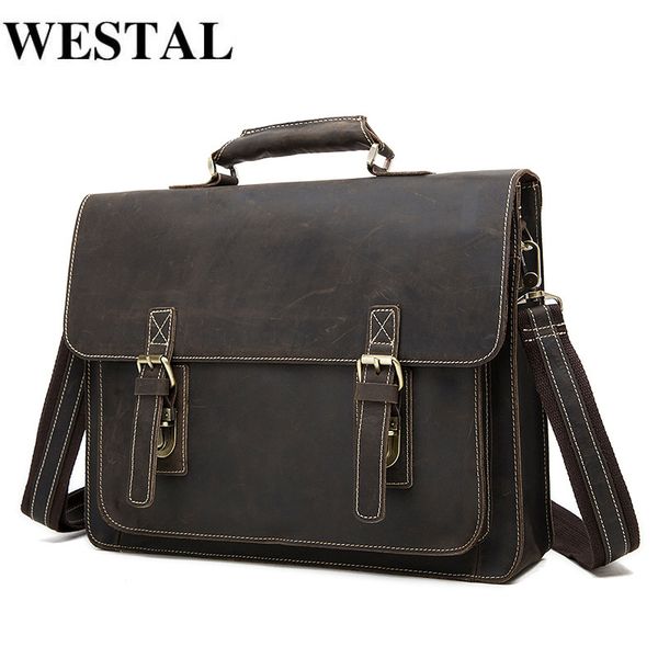 

westal genuine bag men's office vintage crazy horse leather lapbags male tote briefcase handbag