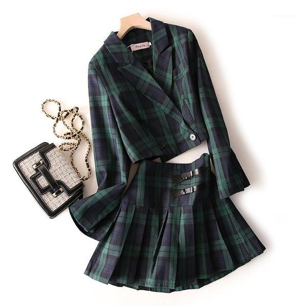 

work dresses arrival autumn preppy style women long sleeve short plaid jacket blazer+high waist pleated mini skirt two piece set suits1, White;black