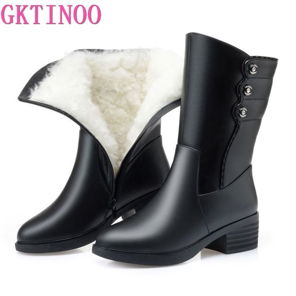 

boots gktinoo winter warm wool women high heel black genuine leather waterproof thick heels fur