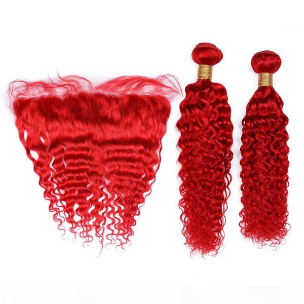

pure red deep wave brazilian virgin human hair 2bundles and frontal 3pcs lot bright red deep wavy 13x4 lace frontal closure with weaves, Black;brown
