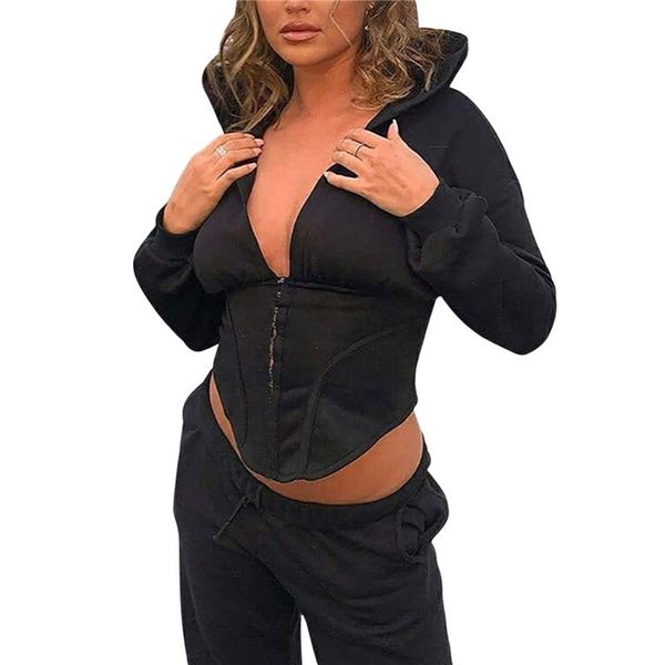 

women's crop hoodies casual long sleeve single-row clasp slim waist sweatshirt solid color hooded ladies sweatshirt, Black