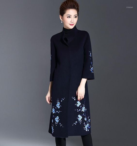 

women's wool & blends women's winter vintage embroidery warm woolen coat embroidered female long sleeve coats plus size outerwear, Black