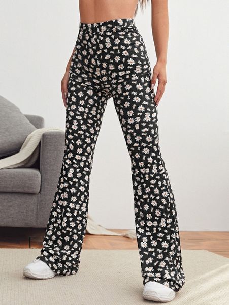 

daisy floral print flare leg pants v7uu#, Black;white