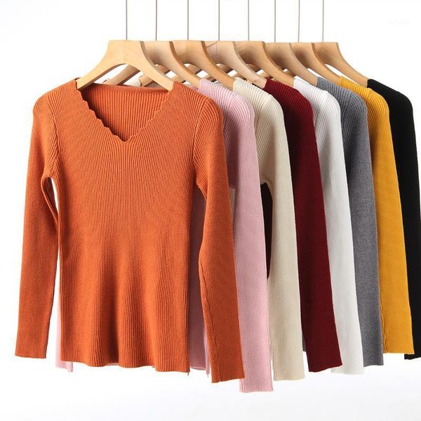 

2021 women's sweater new autumn winter ladies v-neck core-spun sweaters female slim thin base shirts avocado green knitted 1, White;black