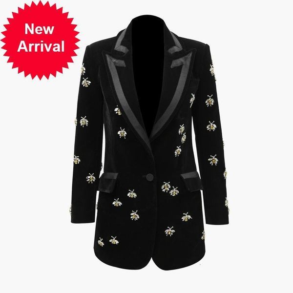 

winter 2021 new lane designer female brand luxury bee frizzy velvet single button black fine new office lapel long coat 65rf, Black;brown