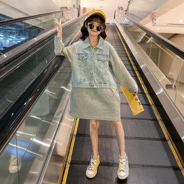 

girl's dresses 2021 autumn teen girls dress korean-style kids fake two-piece denim children fashion casual dress, #89271, Red;yellow