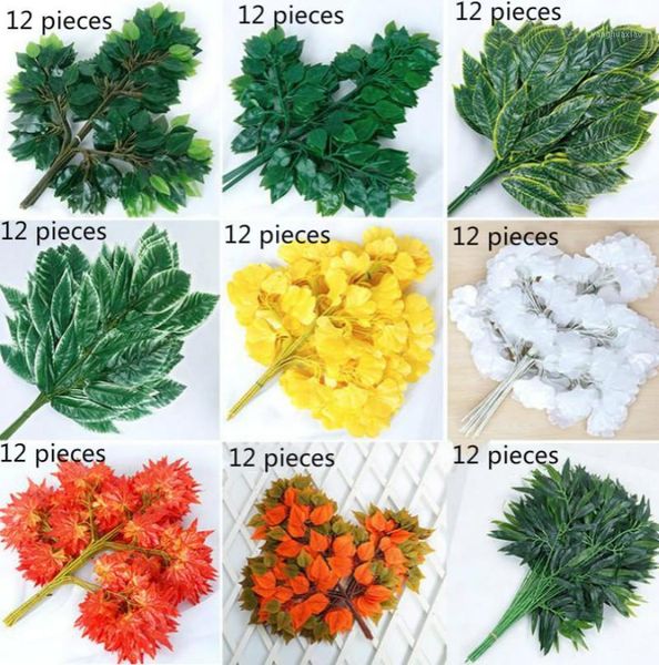 

decorative flowers & wreaths 12pcs/lot artificial green leave silk banyan tree leaves plant branch home wedding party garden backdrop wall h