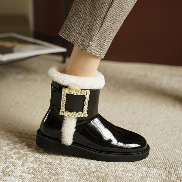 

new winter ankle boots women's shoes genuine patent leather metal buckle rhinestone keep warm female snow boots, Black
