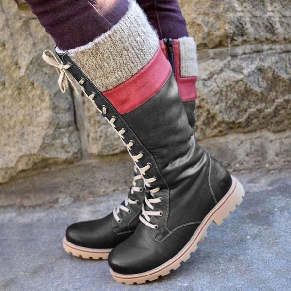 

women middle calf boots low thick heel winter vintage pu leather lace up booties shoes -opk, Black