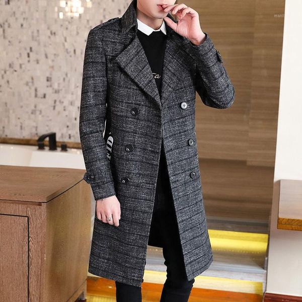 

winter new men's woollen windbreaker double breasted long jacket abrigo largo hombre british plaid mens wool trench coat1, Black