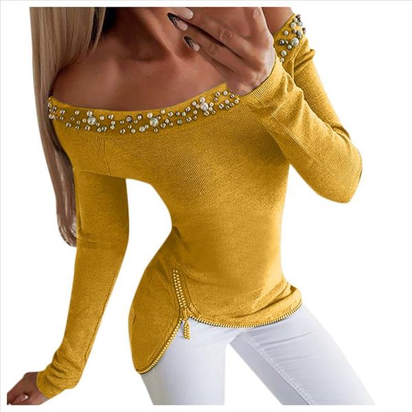 

fashion pearl bottom blouse casual winter ladies zipper off shoulder female women long sleeve shirt blusas pullover, White