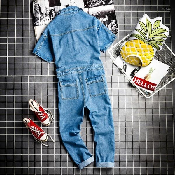 

euro hip hop fashion mens denim jumpsuit vintage one piece cargo pants short sleeve jeans bib overalls casual cowboy jumpsuits1, Blue