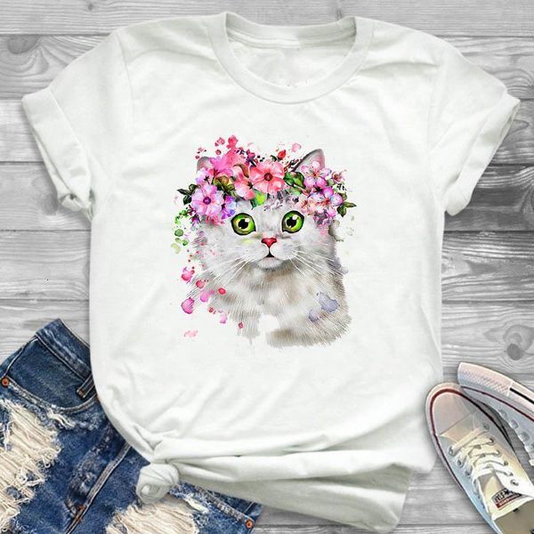 

women lady t shirt cat flower printed tshirt ladies short sleeve loose tee shirt women female clothes graphic t-shirt, White